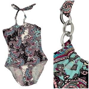 Love Your Assets Spanx One-Piece Swimsuit Halter Neck Chain Detail Paisley | M